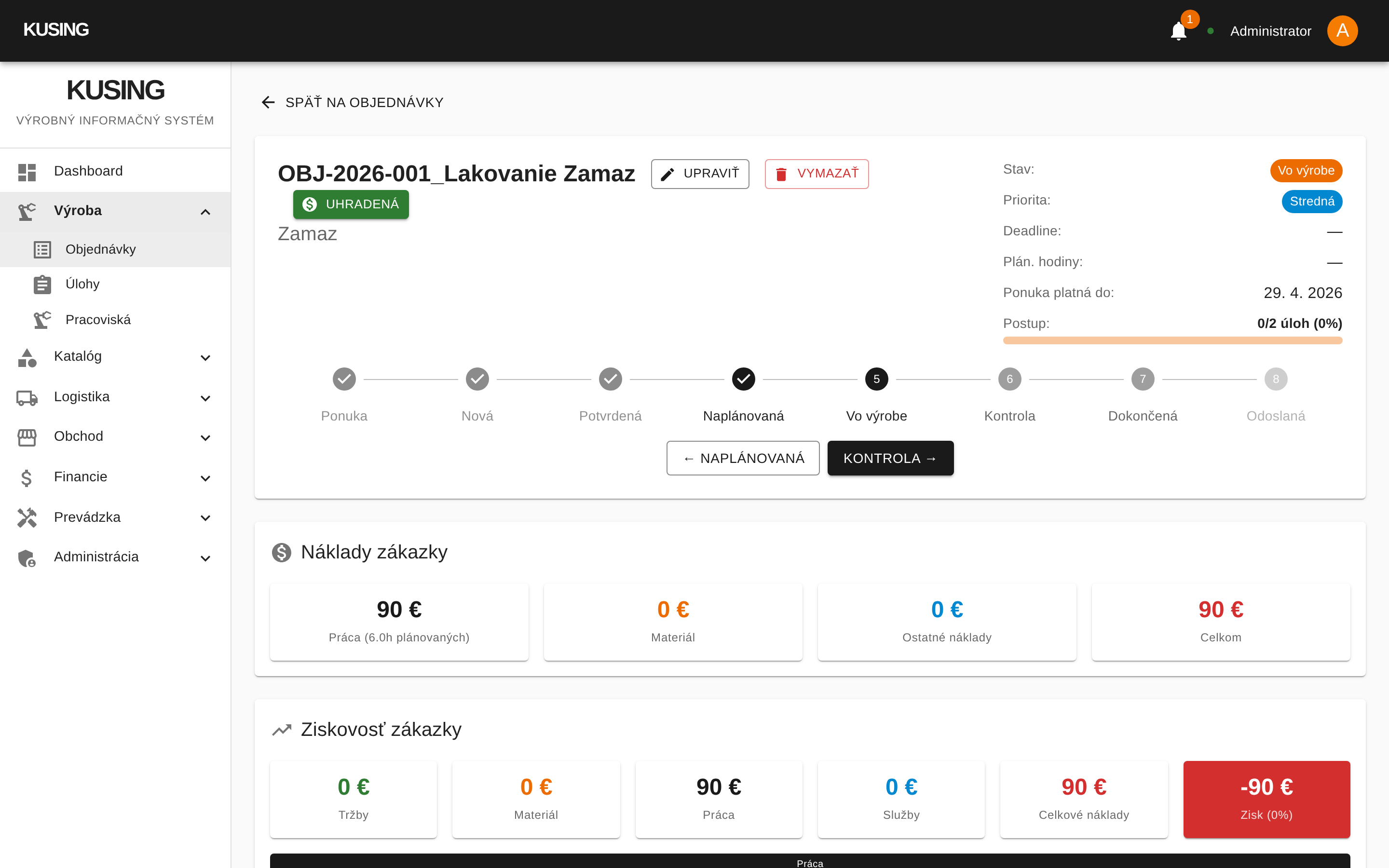 Detail zákazky — náklady, ziskovosť, workflow stavov